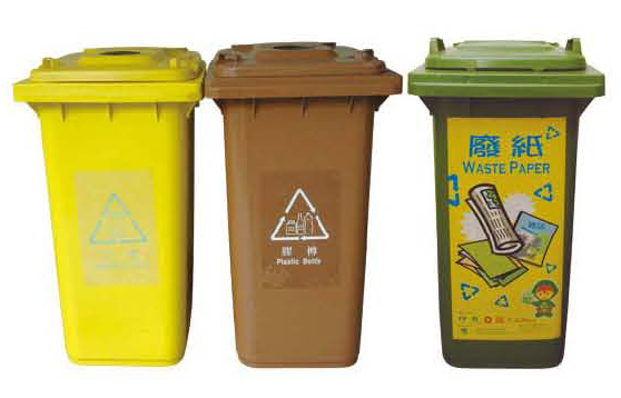 Three-coloured waste separation bins are widely distributed in Police premises.