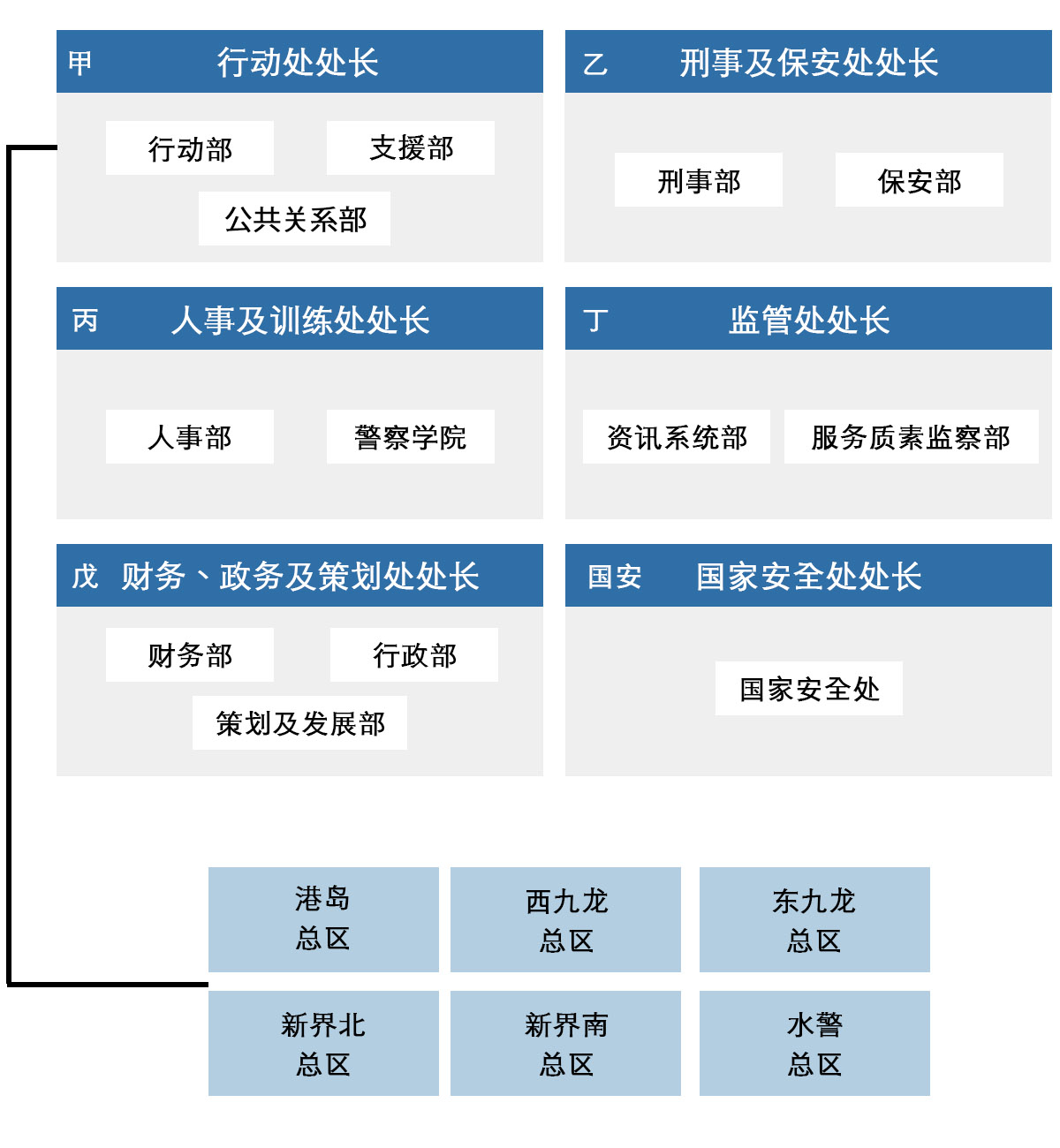 行动处处长负责甲部门，包括行动部及支援部，其中行动部包括6大总区(港岛总区、西九龙总区、东九龙总区、新界北总区、新界南总区及水警总区。 刑事及保安处处长负责刑事部及保安部; 
       人事及训练处处长负责人事部及警察学院; 监管处处长负责资讯系统部及服务质素监察部; 财务、政务及策划处处长负责财务部、行政部及策划及发展部; 国家安全处 - 国家安全处处长。
       