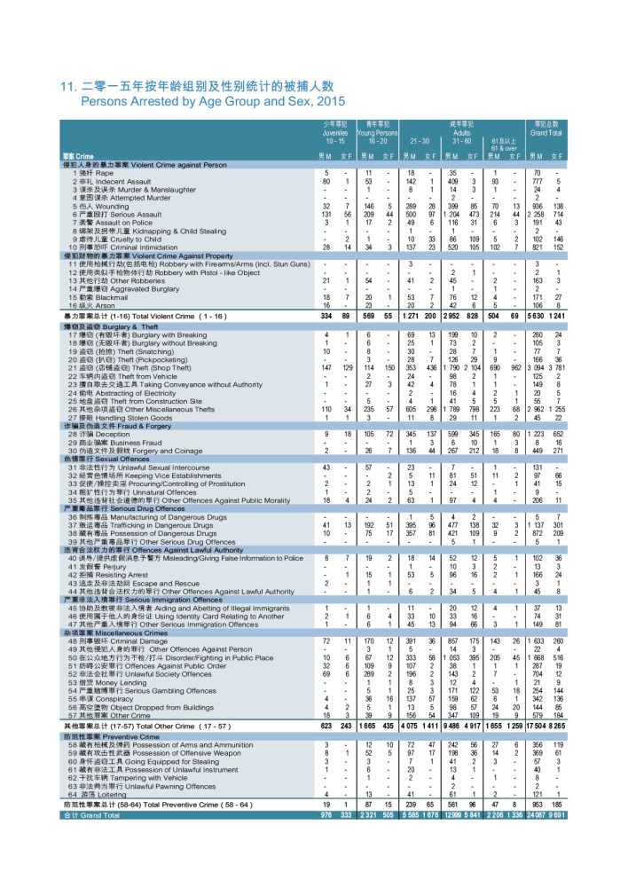 二零一五年按年龄组别及性别统计的被捕人数