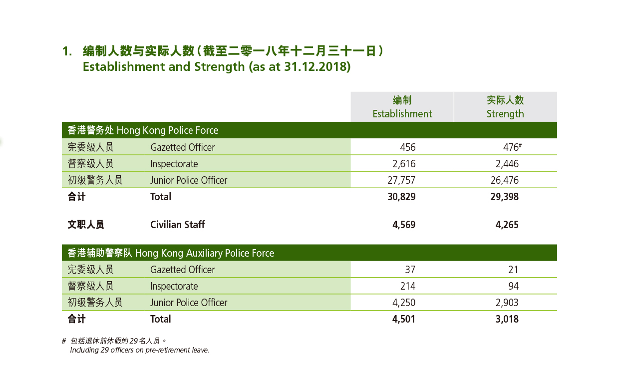 编制人数与实际人数（截至二零一八年十二月三十一日） 